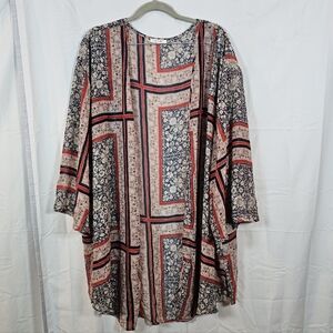 Maurices Open Front Duster Kimono Size 2/3 2X 3X Red Blue Floral Window Pane